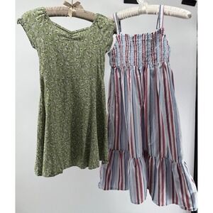 Girls Dress Lot 10/12 Floral Cottagecore Green Smocked Sundress Striped Summer